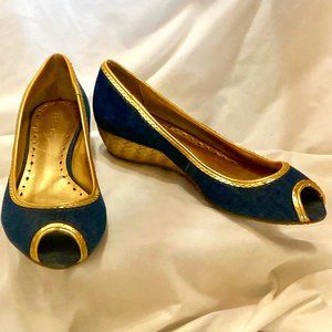 Size 9.5 BCBGirls Navy Denim Low Peep-toe Wedge with Gold Accents CLEOPATRA!